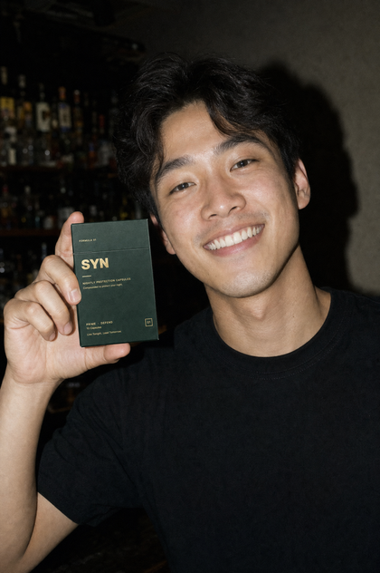 A man grinning in a bar, holding a box of SYN
