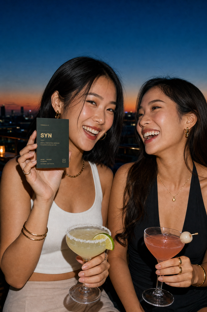 Two friends laughing on a rooftop at dusk with cocktails and a box of SYN