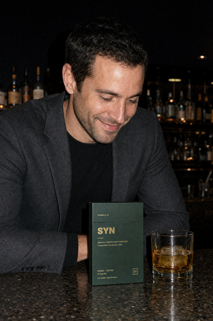 A man at a bar with a whisky and a box of SYN on the counter