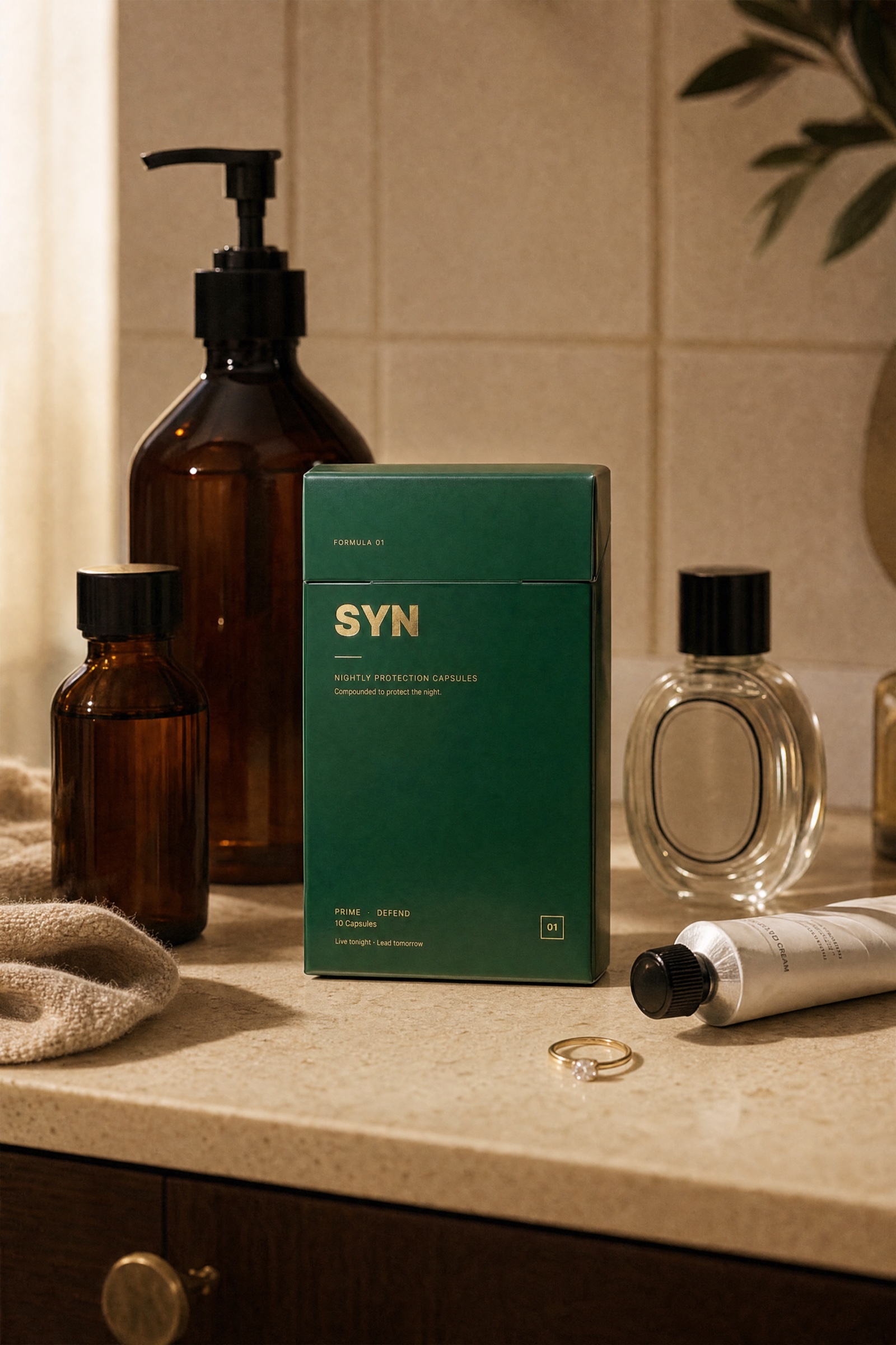 SYN nightly protection capsules on vanity